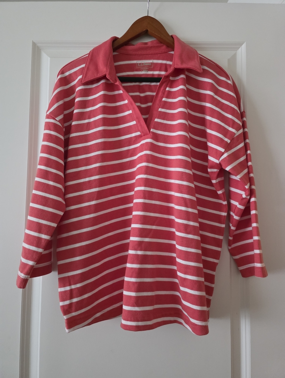 L.L.Bean Striped Collared Pullover Striped Coral Womens L Cotton Preppy Coastal